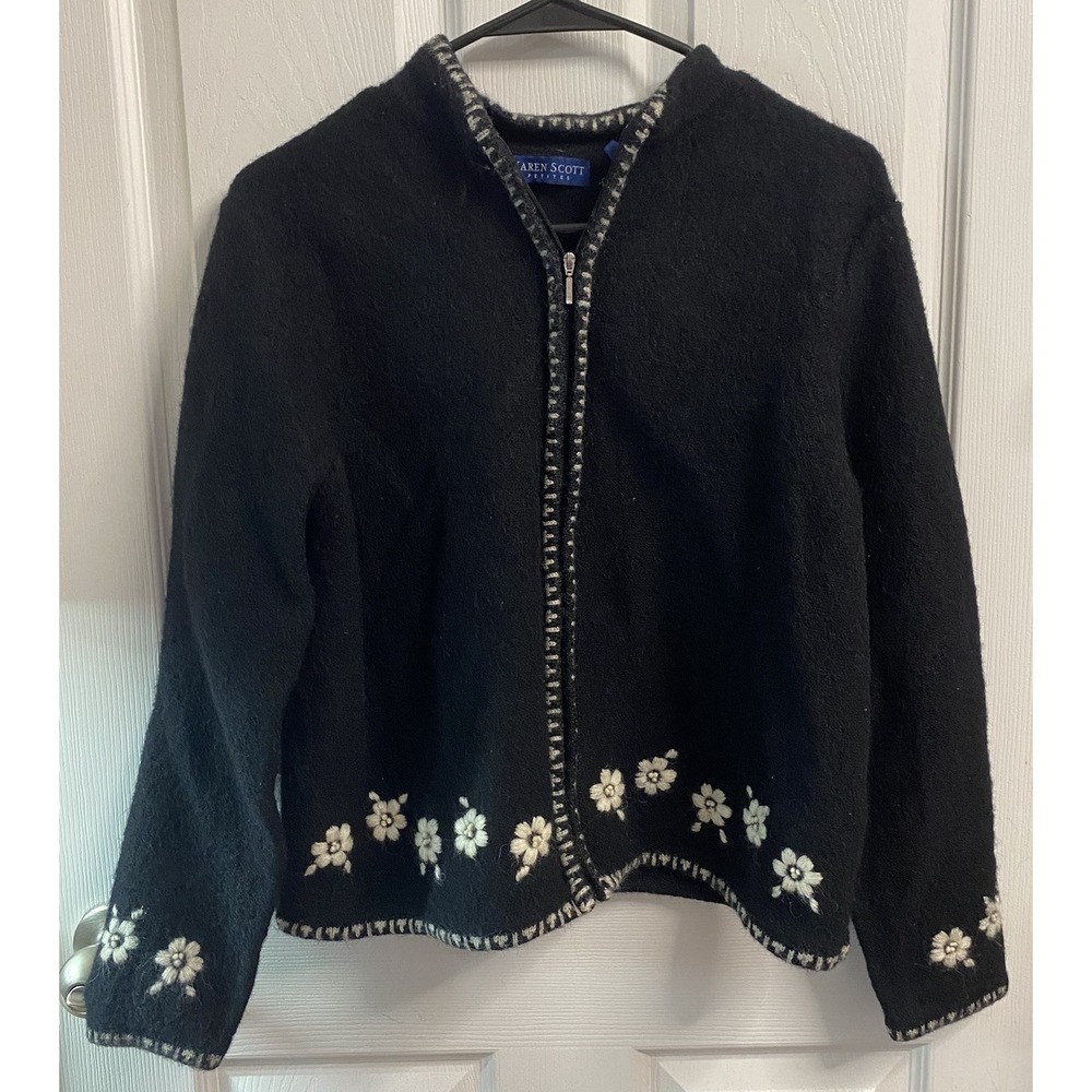 KAREN SCOTT Womens 100% Wool Embroidered Cardigan Sweater Black&White Floral PXL